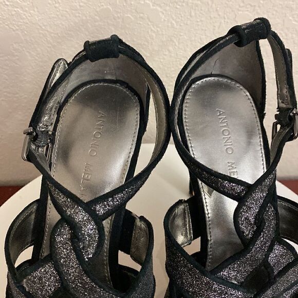 Antonio Melani black/grafite sparkly high heel sandals ankle strap 9M - Picture 3 of 5